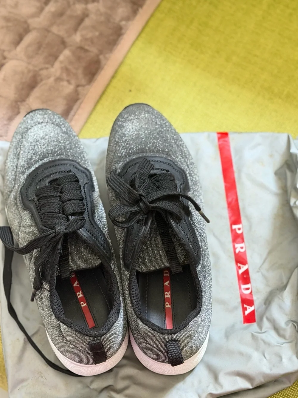 Prada Silver Glitter and Black Lace-Up Sneakers